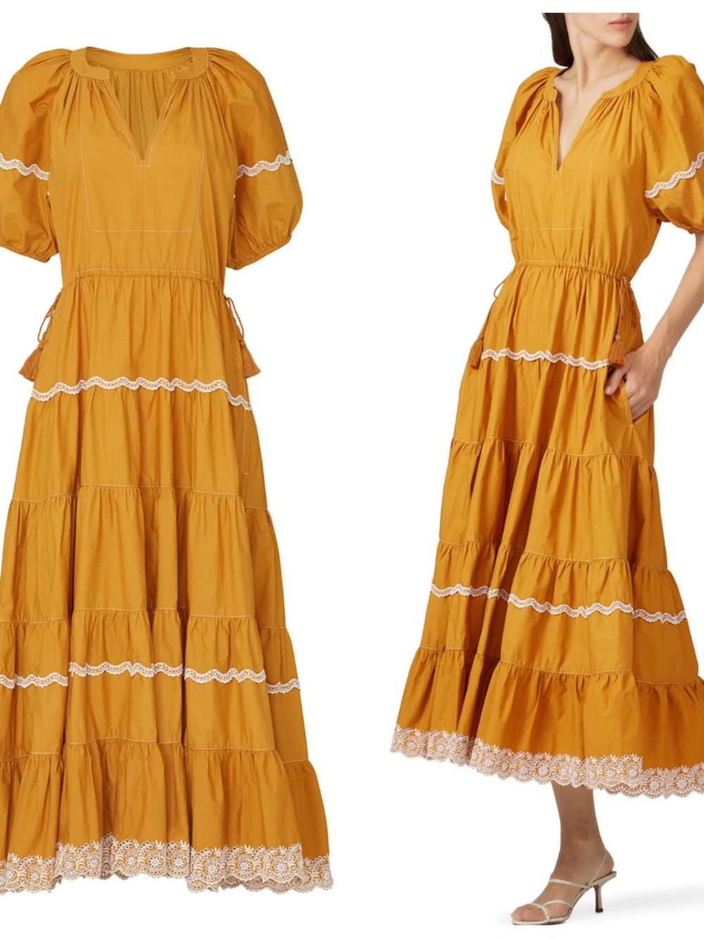 Ulla Johnson Claribel Ochre Yellow Gold Tiered Eyelet Accent Tassel Dress - Sz 4